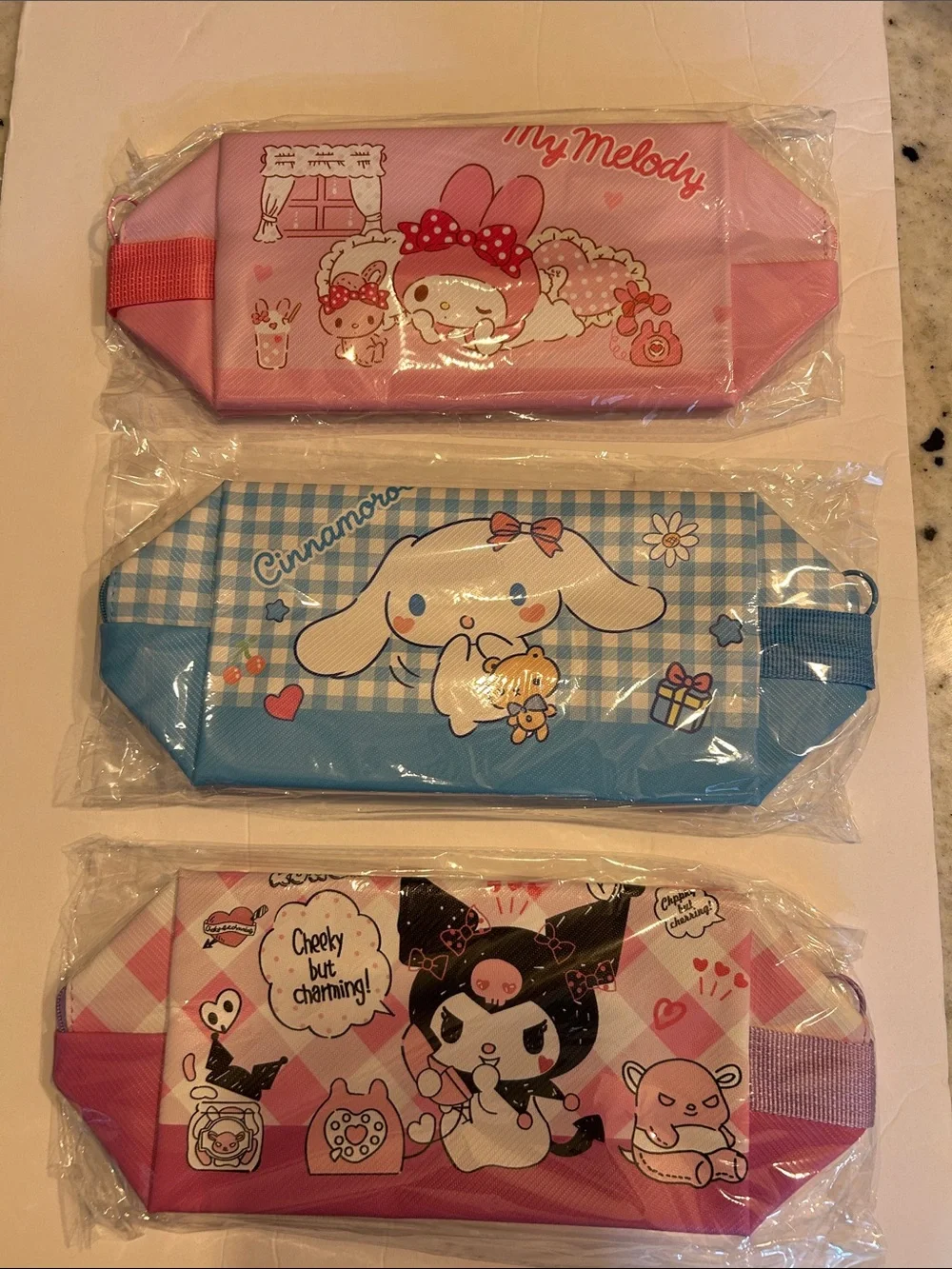 Kawaii Pink & Blue Characters Pencil Case Trio - My Melody, Cinnamoroll, Kuromi
